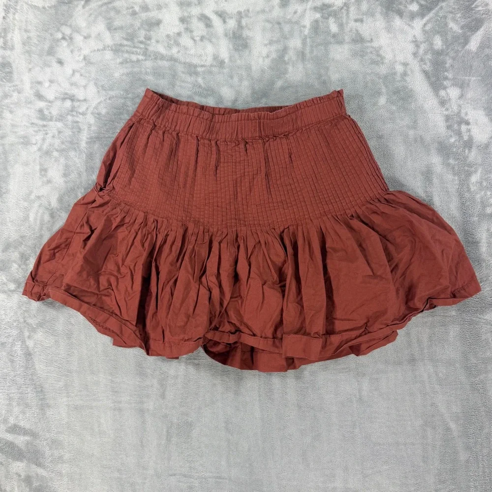Anthropologie Smocked Drop Waist Ruffle Mini Skirt Womens Size XS Rust Red